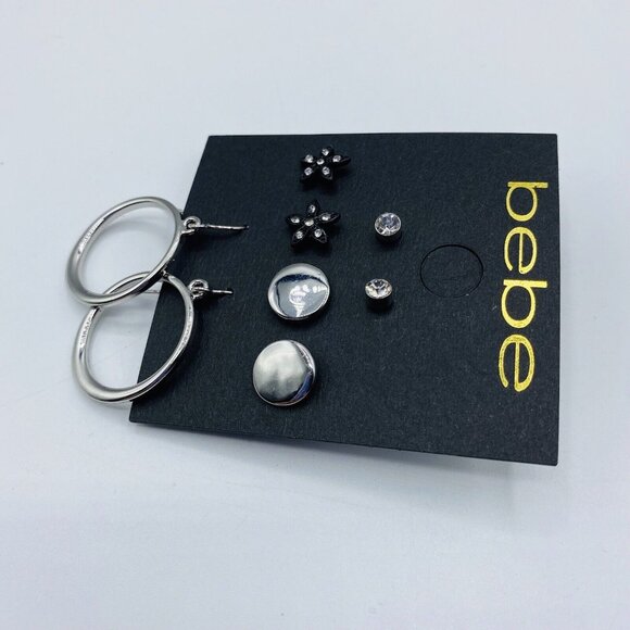 bebe Silvertone Earrings 4 Pair Stud Hoop Dangle - Picture 2 of 3